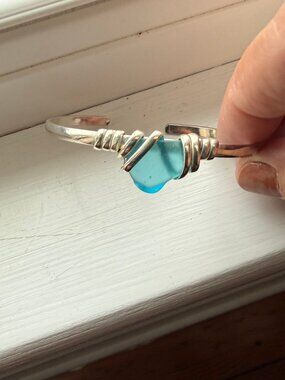 Aqua Blue Sea Glass Style Silver tone wire wrapped cuff bracelet